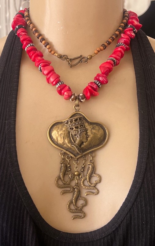 Artisan Necklace Egyptian Revival Nefertiti Pendant Red Coral Beads Cobra Detail