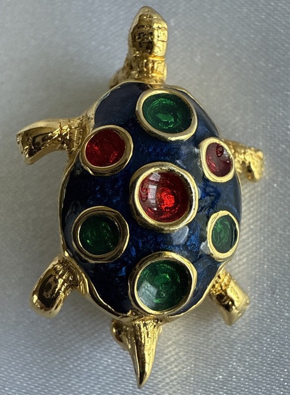 Vintage Turtle Brooch Black Green Red Enamel and Gold Tone Tortoise Pin EUC gallery