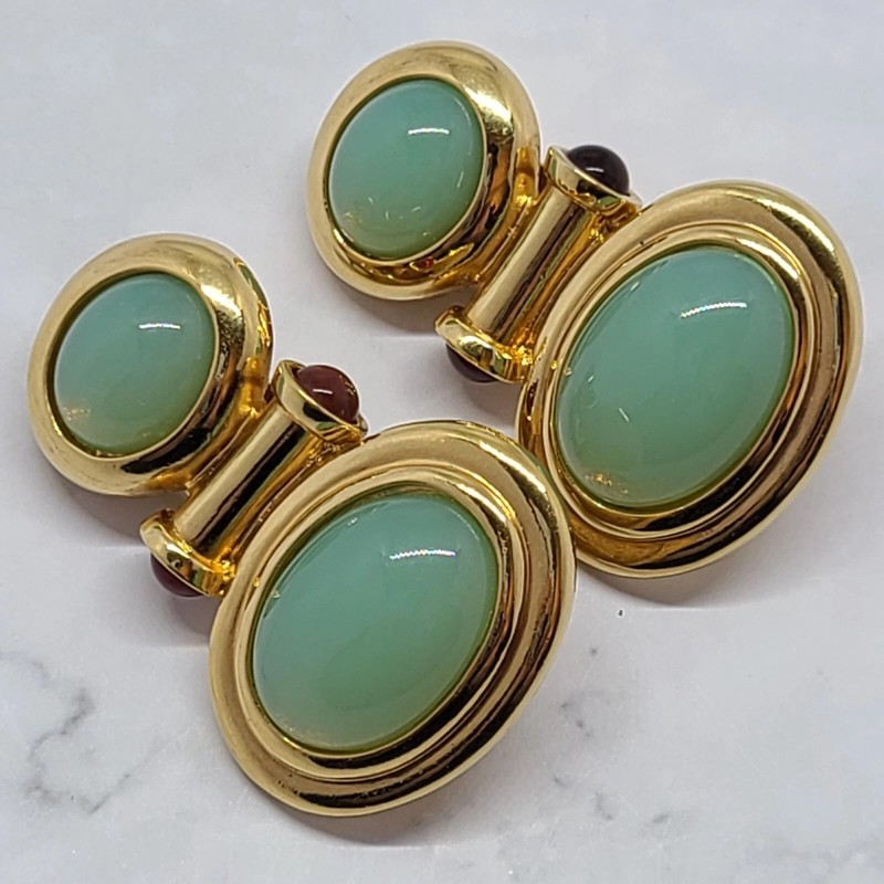 Elizabeth Taylor Avon Earrings Jade Green & Ruby Red Cabs Glass Clip Earrings gallery