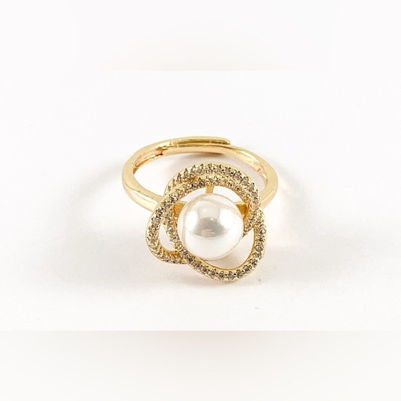 18K Gold Plated CZ Faux Pearl Minimalist Dainty Ring Adjustable Stackable