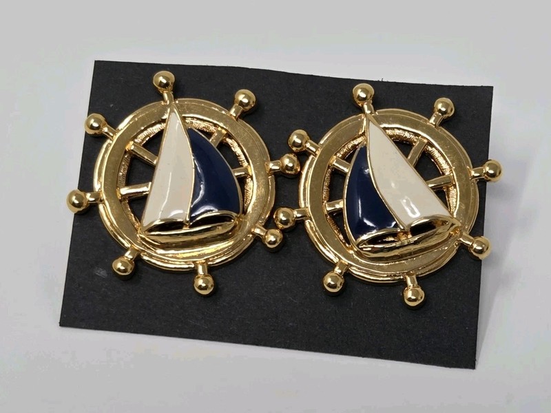 Nautical Sailboat Ships Wheel Pierced Earrings Gold Tone Navy Cream Enamel Avon gallery