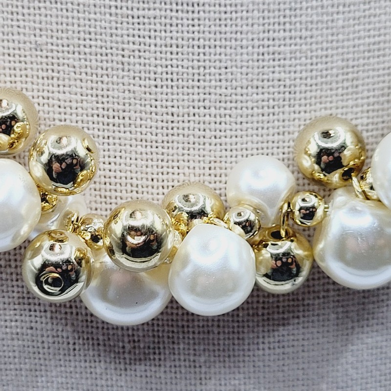 Cluster Bubble Ball Bead Faux Pearl Look Polished Gold Tone Necklace 17 Inch gallery