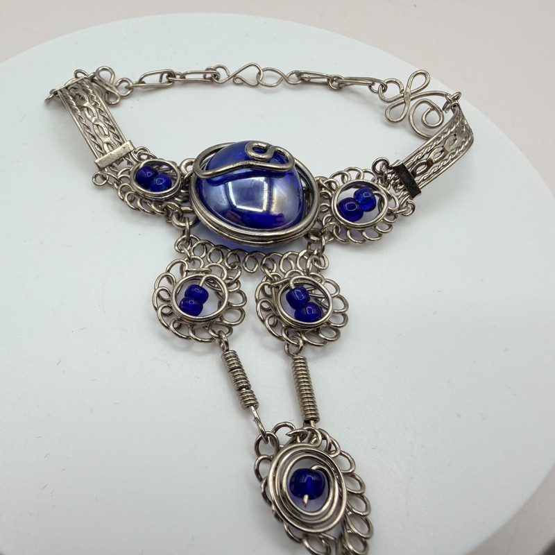 Vintage Silver Tone Slave Bracelet Ring Set Blue Cabochon Stone Boho Filigree gallery