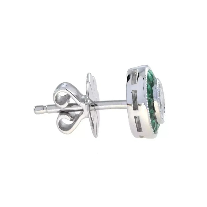 Art Deco Style Lab Created Diamond & Emerald Stud Earrings 14K White Gold Finish gallery