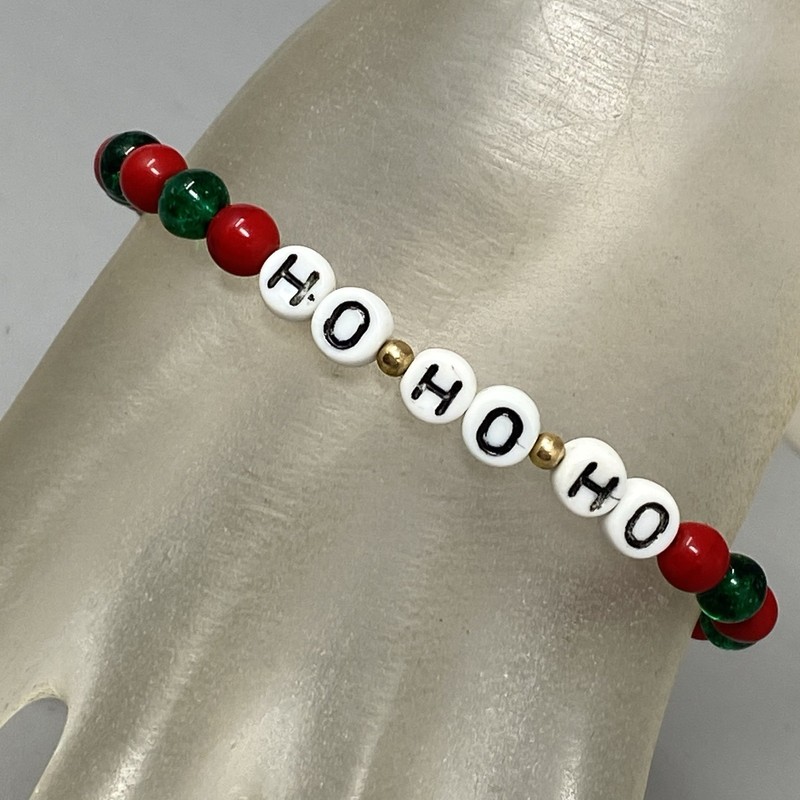 Holiday Christmas Bracelet HO HO HO Red Green Glass Bead 1/20 Gold Filled 7" gallery