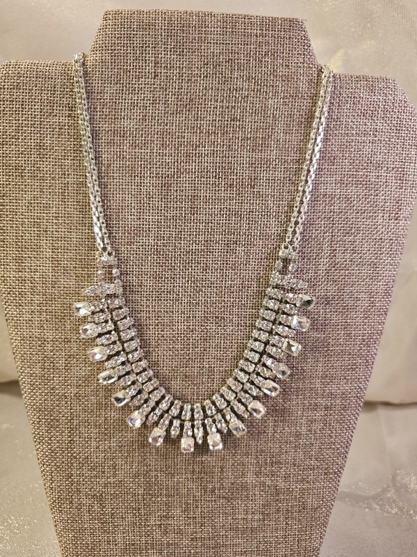 Vintage Double Row Rhinestone Fringe Collar Necklace Jewelry Cascading Tear Drop
