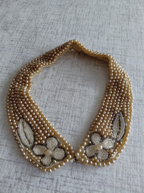 Vintage Handmade Faux Pearl Collar Choker With Floral Seed Beads Satin Backing gallery