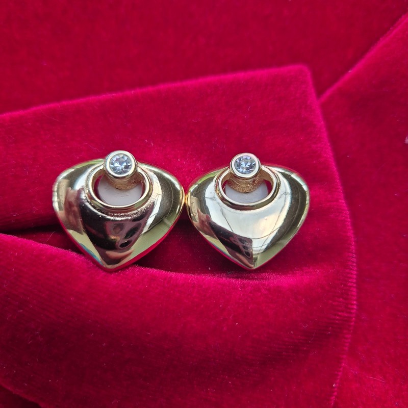 Authentic Vintage Christian Dior Heart Earrings Clips Gold Tone Crystal Germany