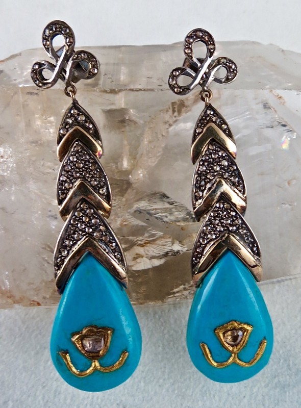 Certified Natural Diamond Turquoise 18k Gold 925 Sterling Silver Earrings 10ct gallery