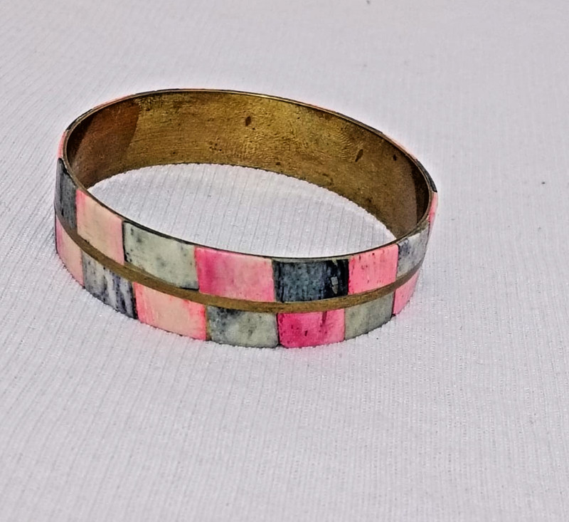Vintage Brass Mosaic Inlay Bangle Bracelet Pink Gray Stone Boho Ethnic VTG gallery