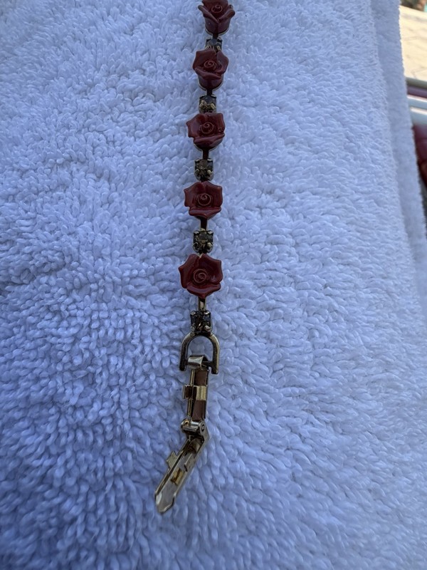 Vintage Red Rose Bracelet Matching Earrings Black Rhinestone Gold Tone Floral gallery