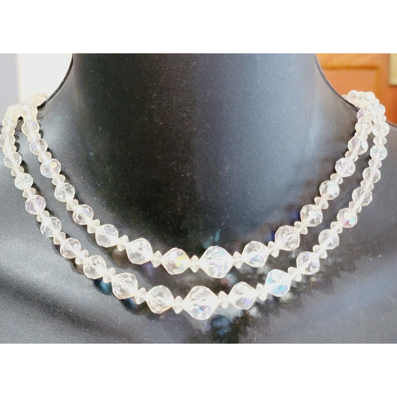 Vintage Glass Necklace, 2 Strands Faceted Graduated Beads Mid-century wh02-10