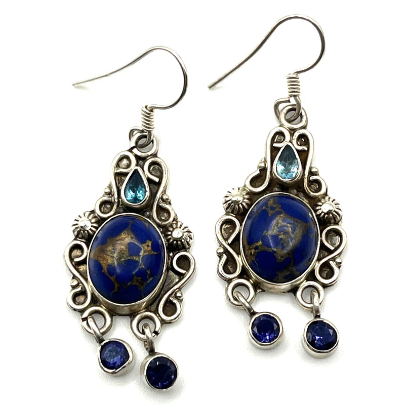 Earrings Dangle Drop Blue Topaz Lapis Lazuli Cabochon Boho Vintage Sterling 925