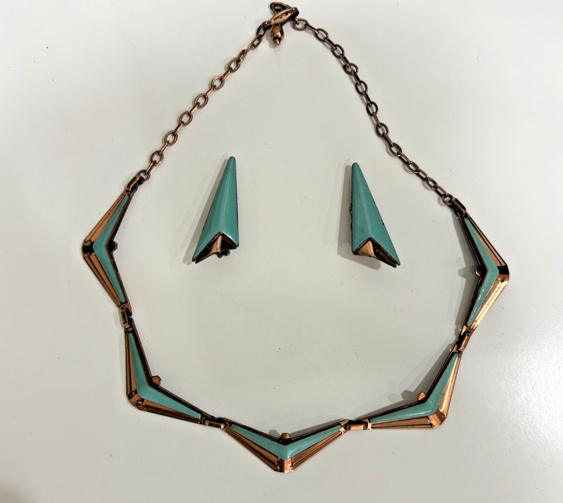 Vtg Matisse Renoir Copper Turquoise Enamel Geometric Necklace Clip On Earrings