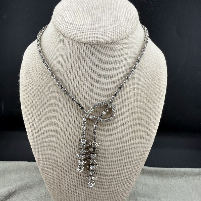 Vintage Signed Rhinestone Necklace Silver Tone Unique Movement 15”