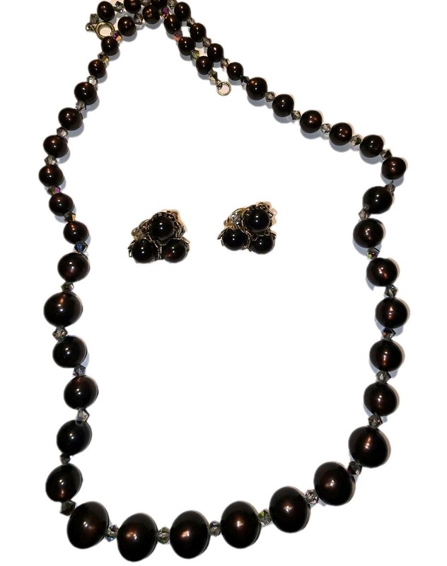 Rare Signed Hobé Deep Garnet Vintage Necklace and Clip on Earrings Moonglow