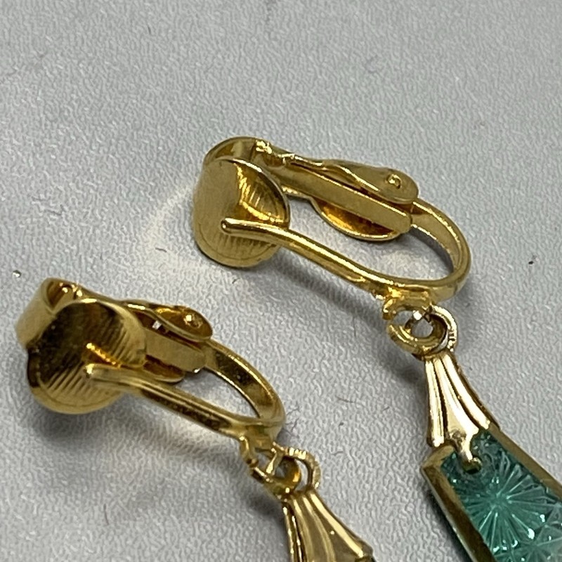 Glass Etched Earrings Aqua Dangle Drop Clip On Gold Tone Etched Transparent gallery