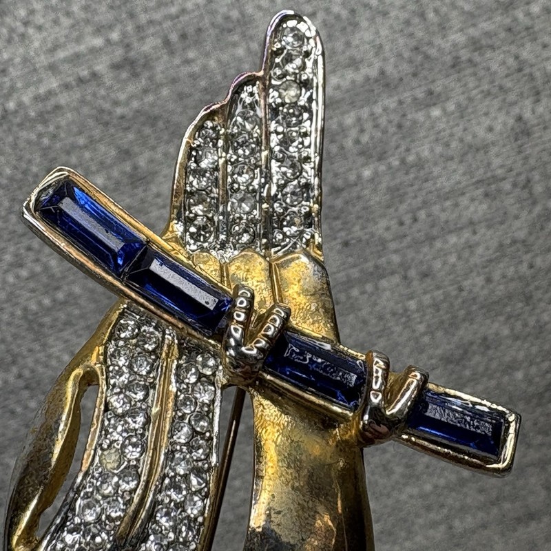 Vintage Gold Tone Owl Brooch Blue Baguette Eyes Rhinestone Pave Figural Pin gallery