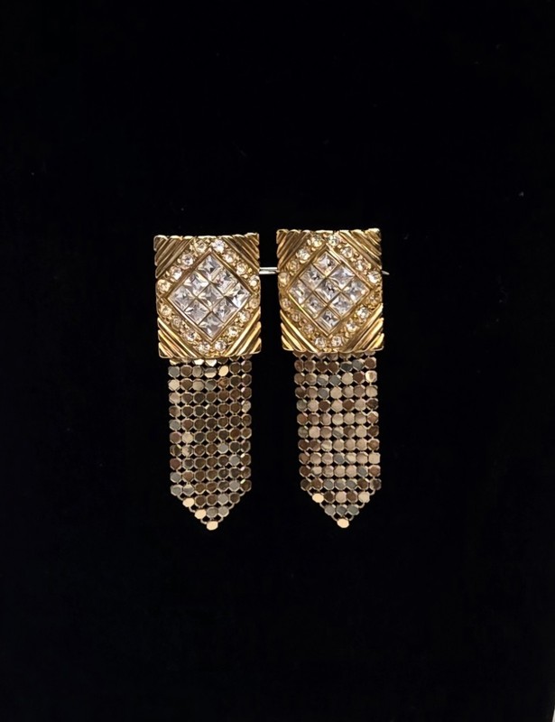 Whiting & Davis Clip on Gold Tone Mesh Geometric Crystal earrings 2-3/4 inch