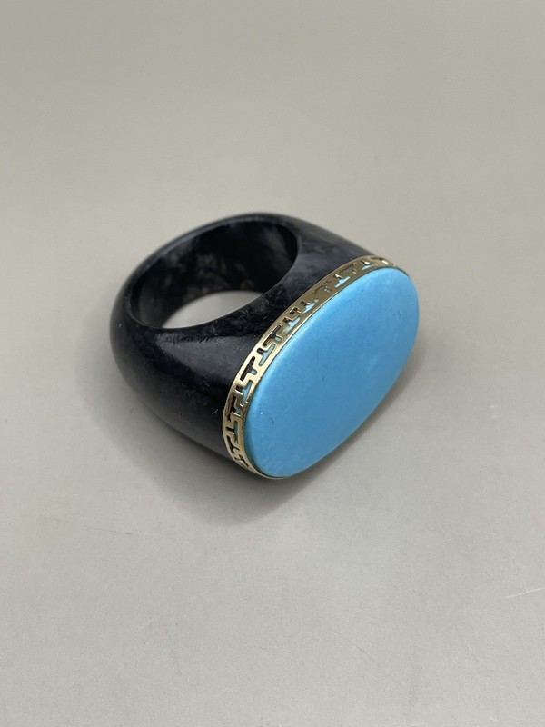 Vintage signed “GSJ” 14K Yellow Gold Black Onyx? Turquoise Statement 8 Ring