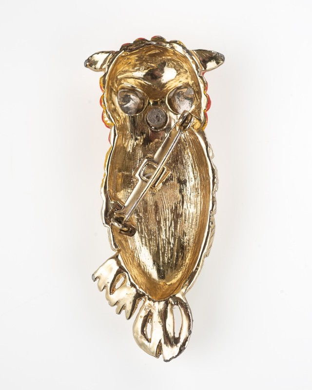 Owl Brooch Pin Jewelry Green and Gold Tone Green Rhinestone Enamel gallery