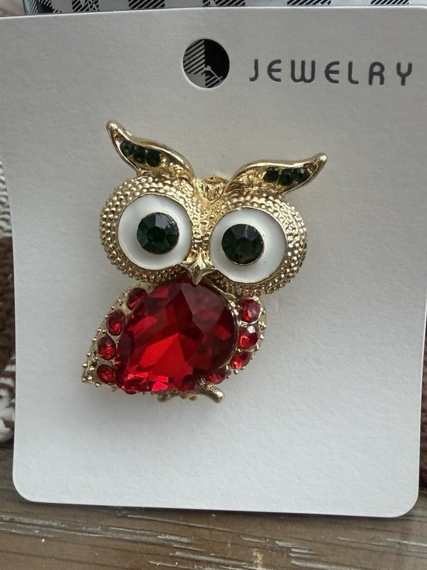 Retro Big Eyed Owl Brooch Red Rhinestone Fashion Pin Vintage Style gallery