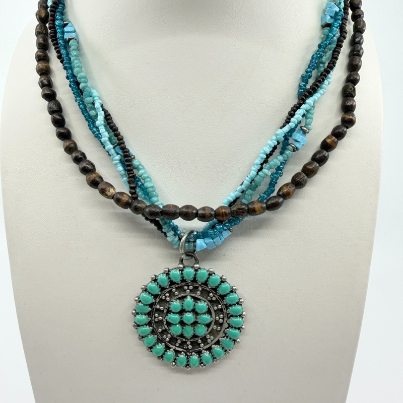 Vintage Southwestern Multi Strand Necklace Turquoise Tone Wood Seed Bead Concho gallery
