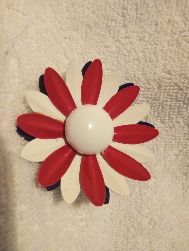 1970’s Style Red, White, & Blue Enamel Flower Pin/ Brooch 2 3/4 In. Beautiful!