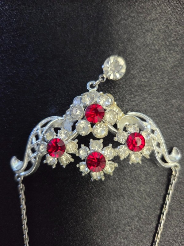 Vintage Style Silver Tone Filigree Necklace with Red Stones – Ornate Statement P gallery