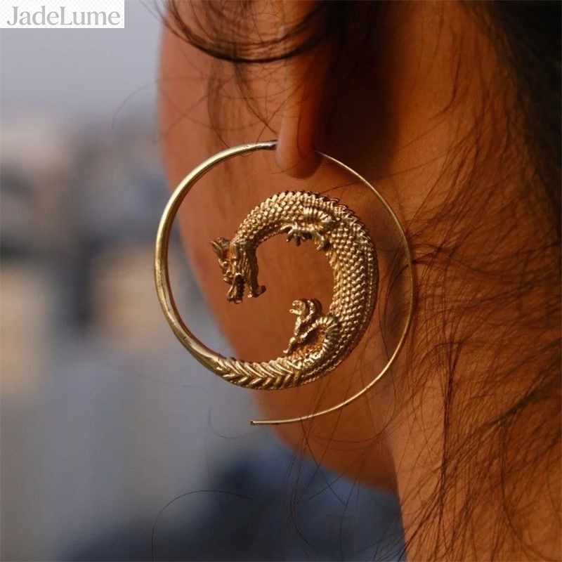 Vintage Dragon Hoop Earrings Ethnic Minimalist Dangle Jewelry Pair gallery