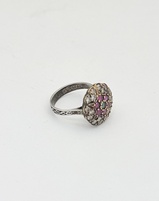 Estate Art Deco Style Ruby Red, Emerald Green, Diamond Cut Quartz Floral Ring gallery