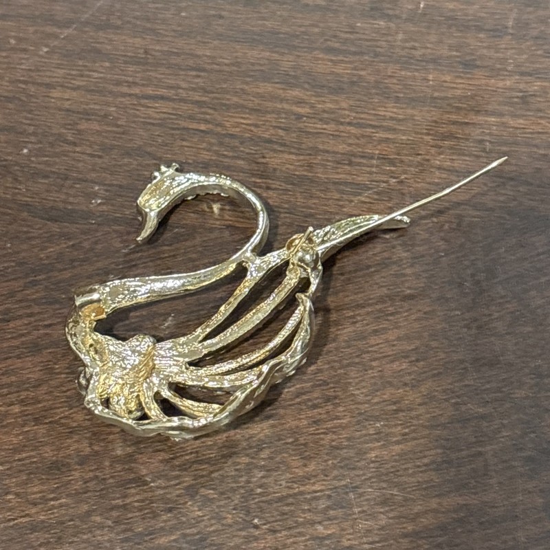 Vintage Swan Rhinestone Brooch 1.5 Inchx2inch Gold Base And Silver/White Stones gallery