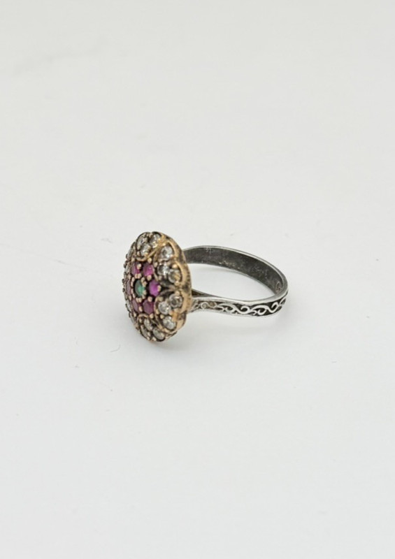 Estate Art Deco Style Ruby Red, Emerald Green, Diamond Cut Quartz Floral Ring gallery