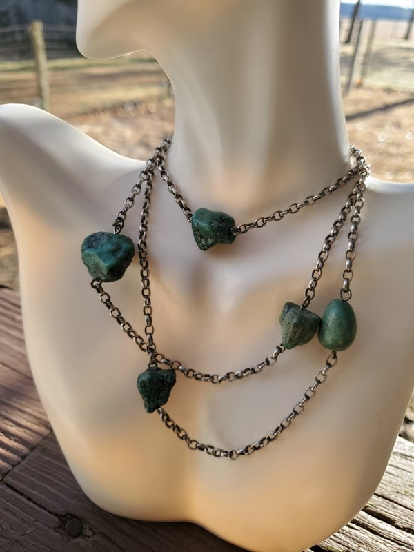 Art Nouveau Long Turquoise Sterling Guard Chain Necklace