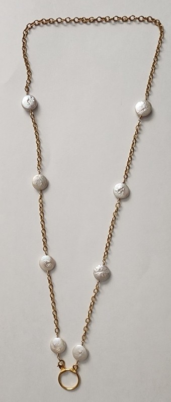 Vintage 1/20 14K Gold Filled Coin Pearl Station Necklace Charm Enhancer Ring 26" gallery