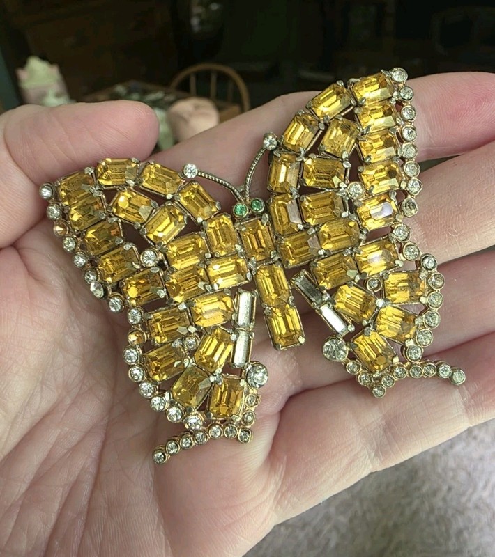 Vintage Czech Glass Pot Metal Deco Era Butterfly Brooch