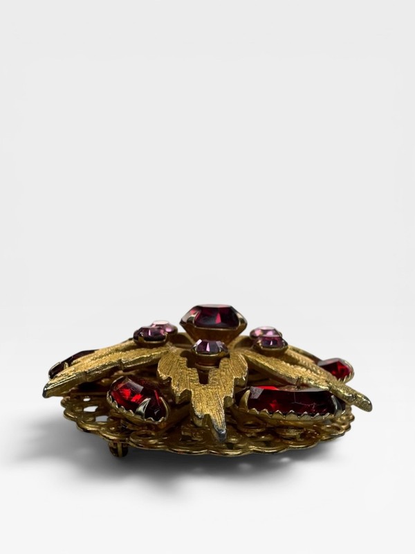 Ruby Red Pink Crystal Floral Brooch Gold Tone Layered Vintage 60s gallery