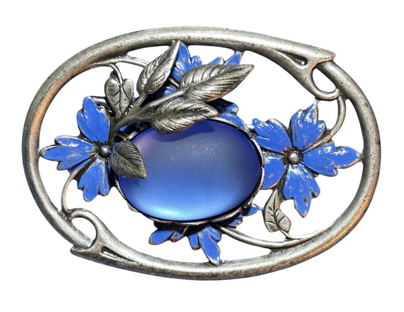 Vtg Art Nouveau Style Frosted Blue Glass Enamel Silver Tone Sash Brooch Mint