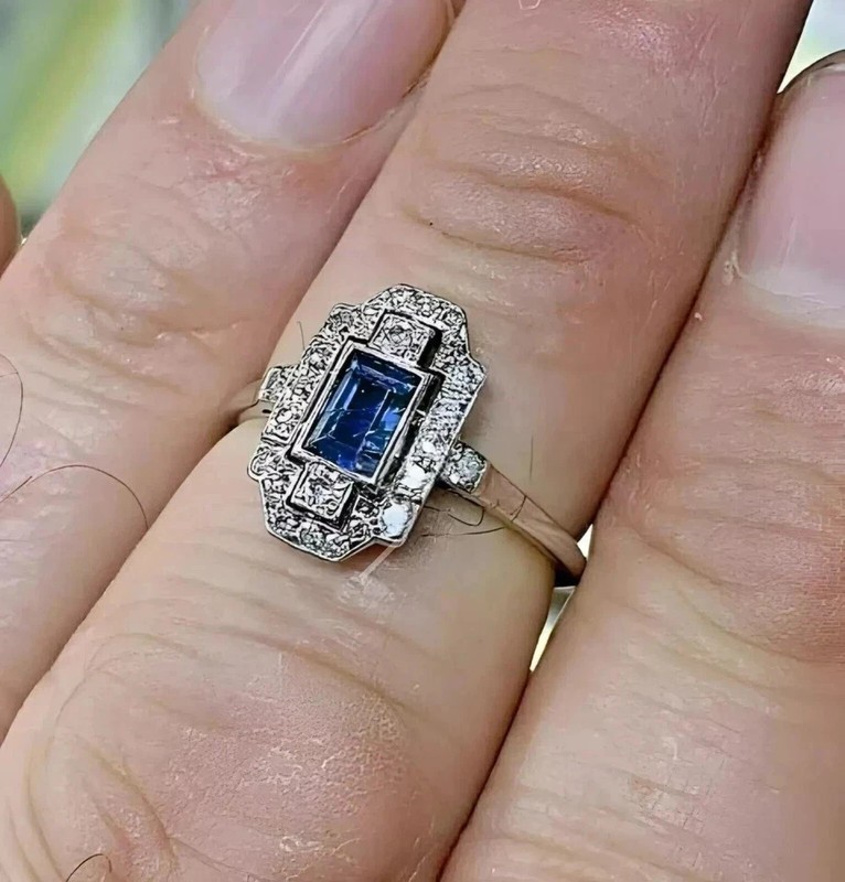 Antique 2Ct Blue and White Stones Art Deco Engagement Ring in Sterling Silver gallery