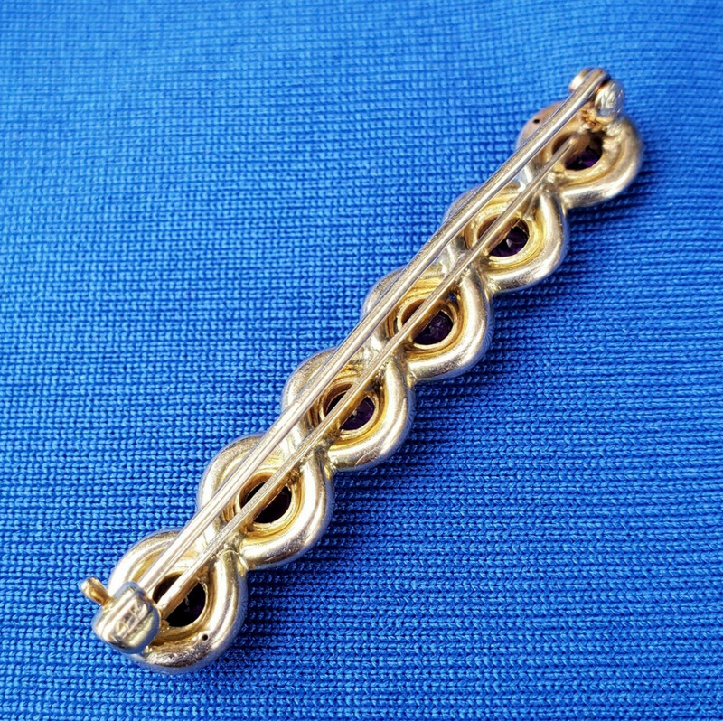 ORIGINAL Antique Amethyst DECO Brooch GATSBY era Vintage SOLID 14K GOLD Bar PIN gallery