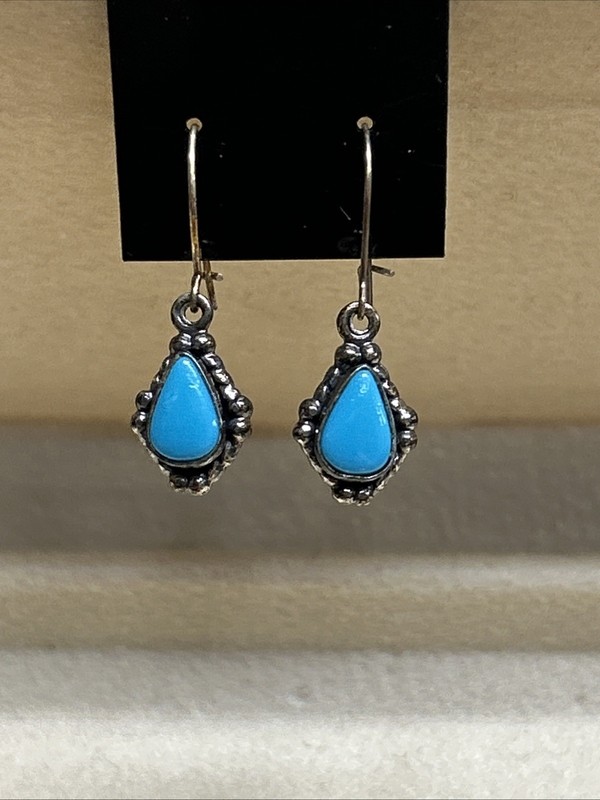 vintage sterling silver turquoise teardrop earrings-Stone Is 8 X 6mm