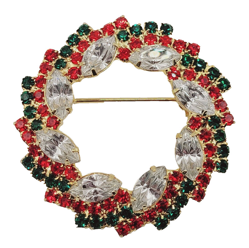 Christmas Wreath with Sparkling Rhinestones Clear Red Green Gold Tone Brooch Pin