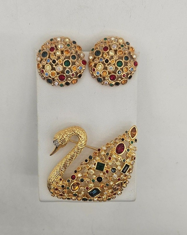 Swarovski SCS 1995 Centenary Swan Brooch & Matching Style Multi Color Earrings