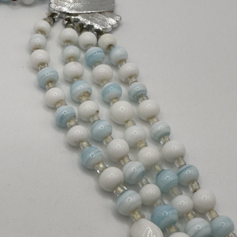 Vintage Multi 4 Strand Necklace Blue White Art Glass Beaded 17" Choker Bib Japan gallery