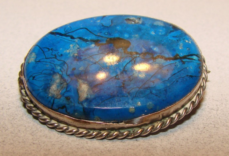 BEAUTIFUL VINTAGE BLUE LAPIS LAZULI STONE SILVER BROOCH