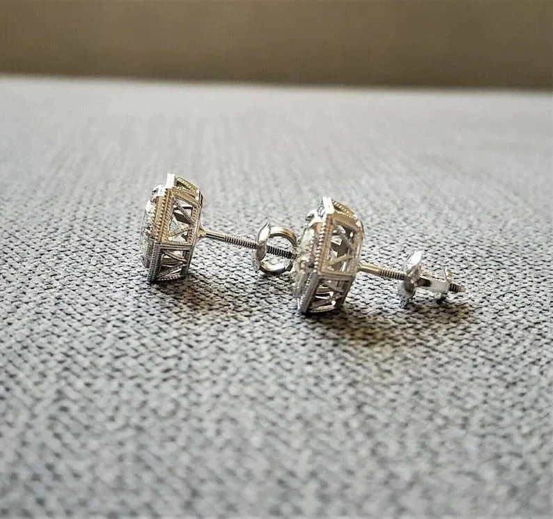Art Deco Style Round Cut Lab Created Diamond 14K White Gold Finish Stud Earrings gallery