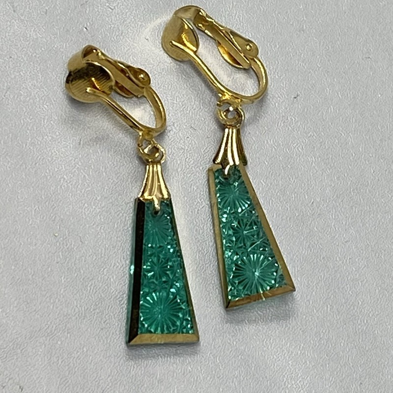 Glass Etched Earrings Aqua Dangle Drop Clip On Gold Tone Etched Transparent