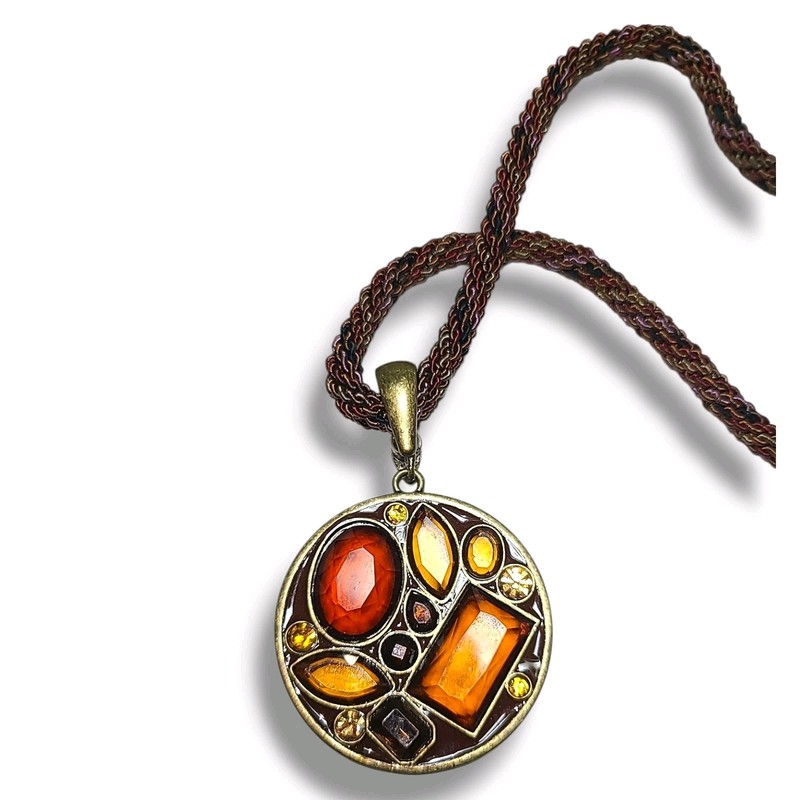 Gold Tone Amber Colored Rhinestone Pendant Necklace Brown & Gold Rope Cord 15" gallery