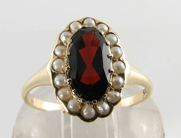 LUSH 9CT 9K GOLD MOZAMBIQUE GARNET & PEARL CLUSTER ART DECO INS RING FREE SIZE
