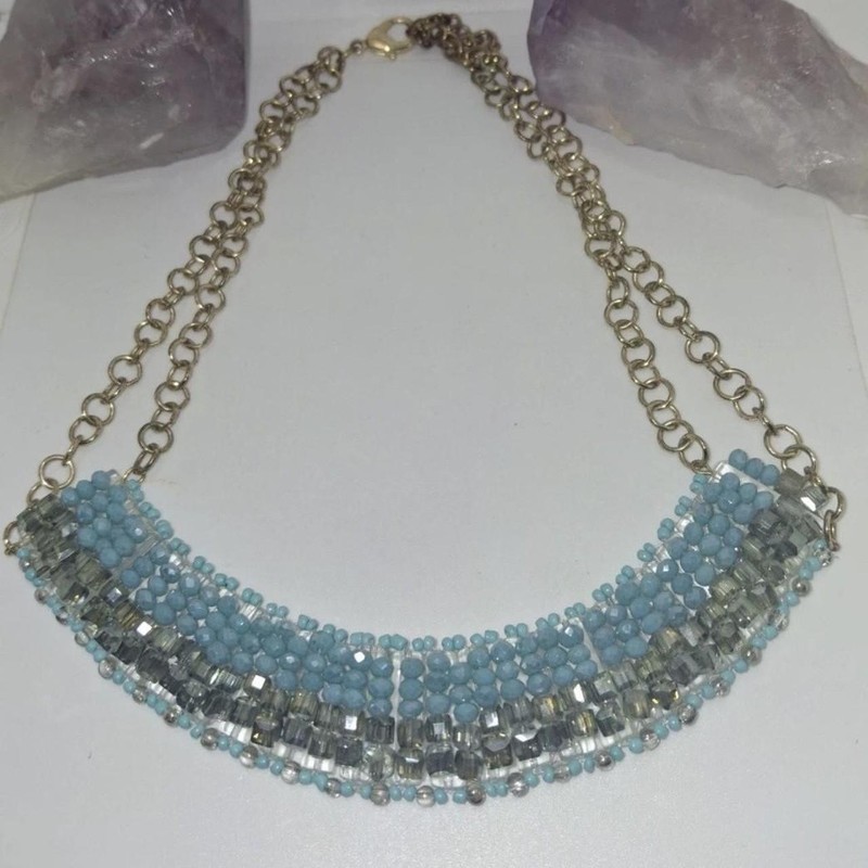 Vintage Brass Bib Necklace w/Faux Turquoise Glass Beads-Dramatic Statement Jewel